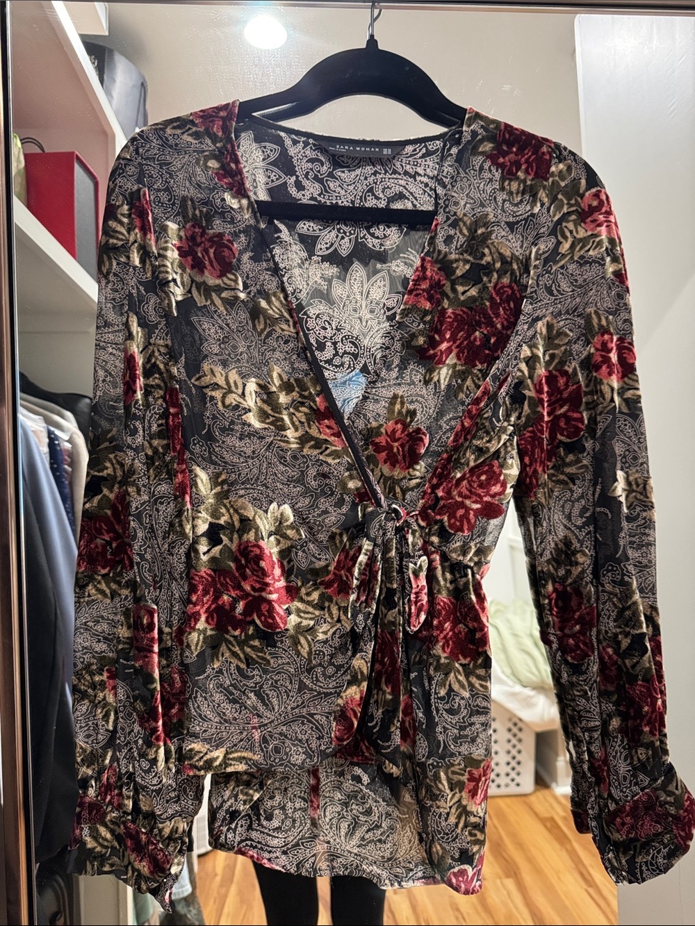 Zara Black Paisley Velvet Floral Tie-Front Blouse